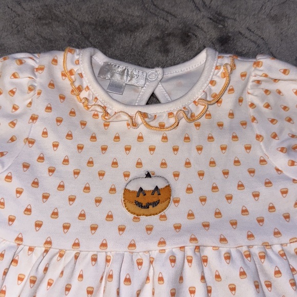 Magnolia Baby Candy Corn Halloween Dress w/ Jack-O-Lantern Appliqué Size 6m - Picture 3 of 4